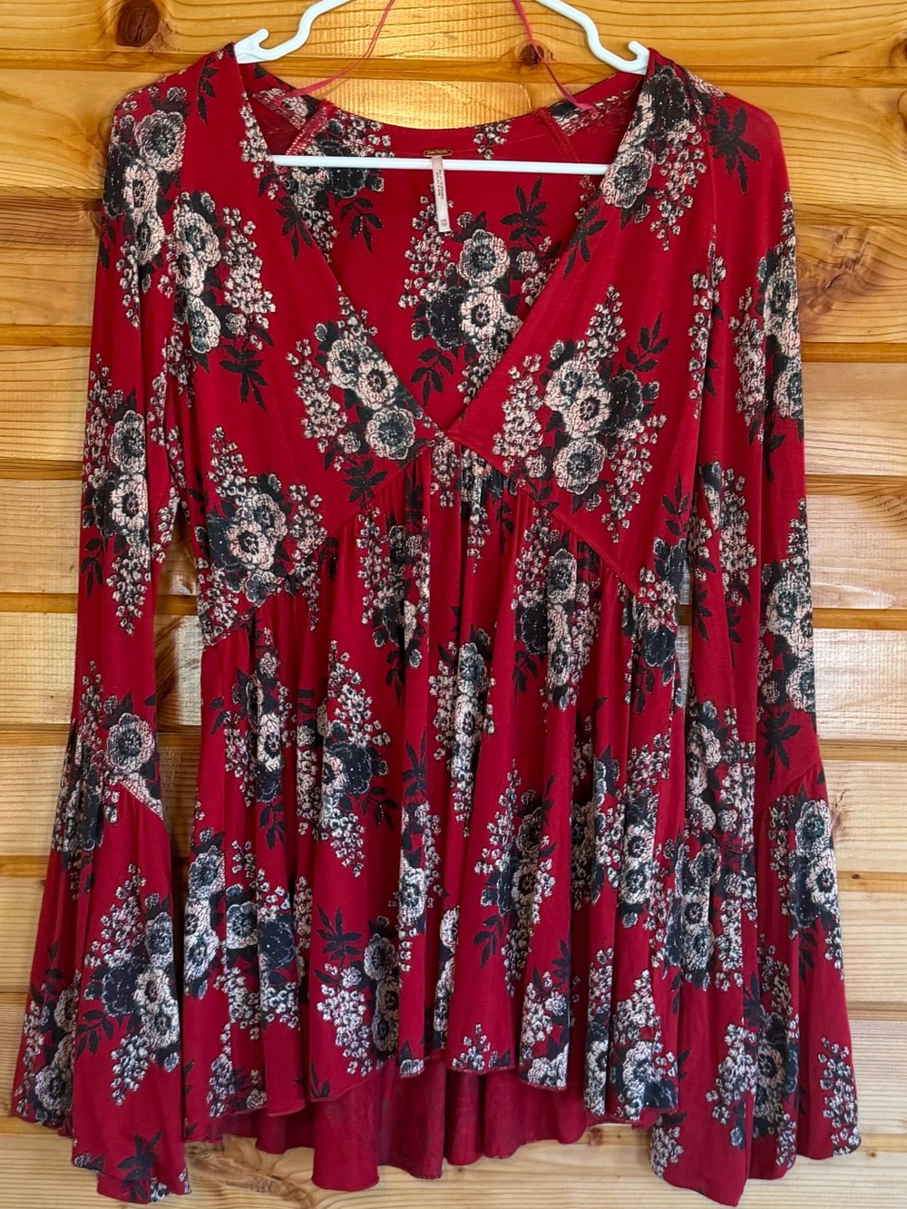 Free People Red Floral V-Neck Peplum Tunic
